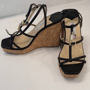 Jimmy Choo Black and Tan Wedge Sandals